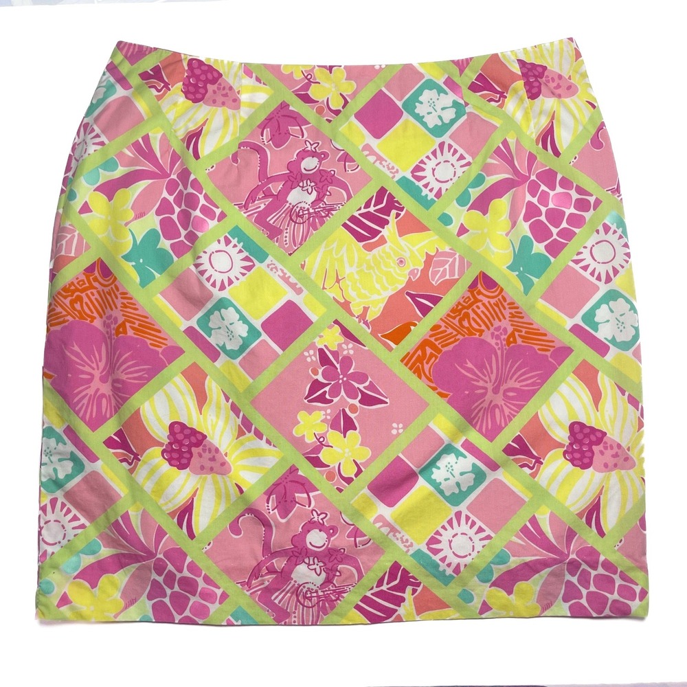 VTG Lilly Pulitzer‎ Tropical Monkey Skirt Womens Sz 8 Patchwork Bright Print